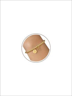 Gold Beaded Initial Bracelet 16K Gold Plated Stretch Charm Bracelet